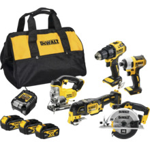 DeWalt verktygssats med väska, borrmaskin, sticksåg, tigersåg, cirkelsåg, batterier och laddare