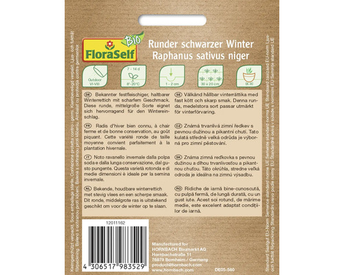 Fröförpackning för rund, svart vinterrättika av sorten Raphanus sativus niger från FloraSelf Bio