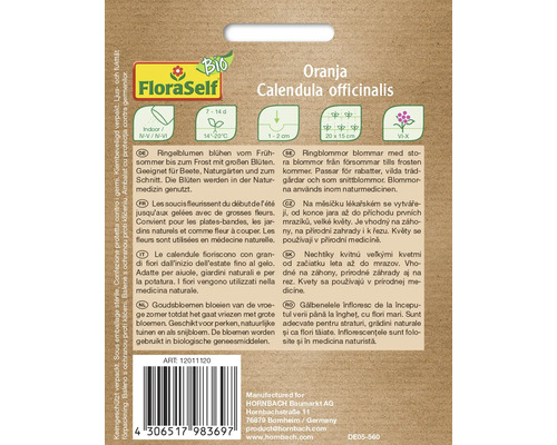 FloraSelf Logo. Förpackning ringblommor Calendula officinalis Oranja med information om odling och användning