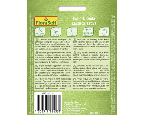 Baksidan av fröpåsen Lollo Bionda Lactuca sativa med information om odling och skörd