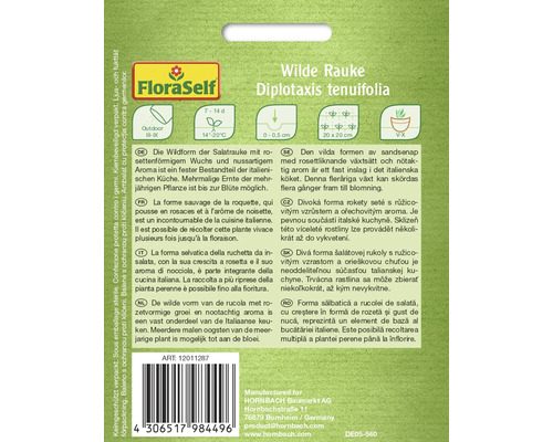 Förpackning för sandsenap Diplotaxis tenuifolia med information om odling och skörd