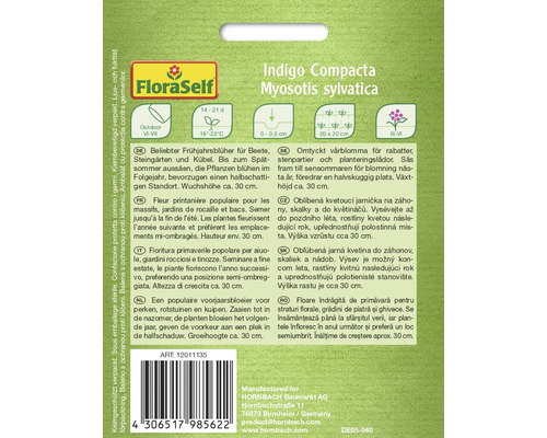 Förpackning med Indigo Compacta Myosotis sylvatica blomfrön från FloraSelf