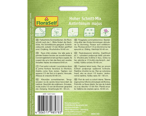 Förpackning Antirrhinum majus Hoher Schnitt-Mix med information om sådd och skötsel
