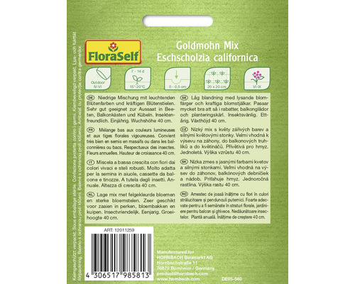 Fröförpackning Goldmohn Mix Eschscholzia californica med information om sådd, läge och tillväxt