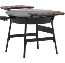 Grill med rund grillplatta och två förvaringshyllor i trä