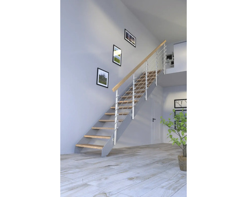 Rak trappa PERTURA Libra 10 steg oljad ek grå öppen aluminium silver B: 87 cm exkl. sättsteg Rak trappa PERTURA Libra 10 steg oljad ek grå öppen aluminium silver B: 87 cm exkl. sättsteg
