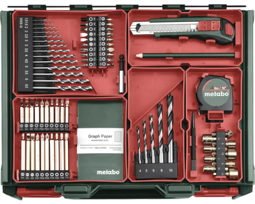Metabo verktygssats med borrar, bits, skärare, penna, måttband, papper och andra tillbehör