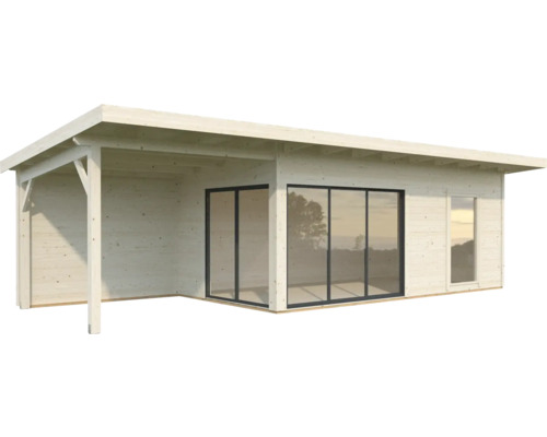 Modern trädgårdshus med täckt veranda och skjutbara glasdörrar