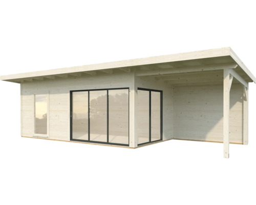 Trädgårdshus med terrass och skjutdörrar