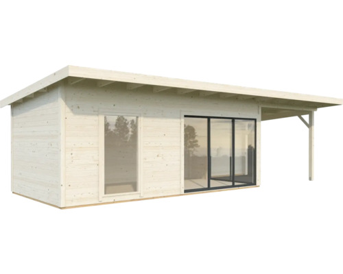 Trädgårdshus i trä med fönster och skjutdörr