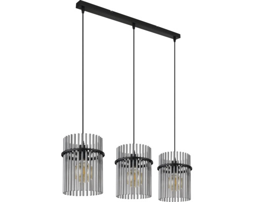 Taklampa med tre lampor och cylindriska lampskärmar av metallstänger