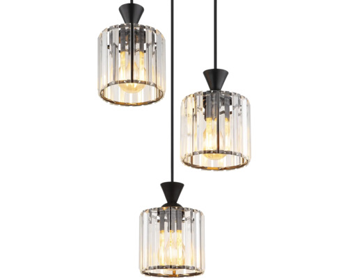 Taklampa med tre lampor och lampskärmar i kristallglas