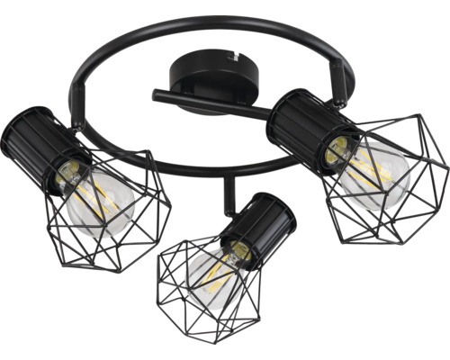 Svart taklampa med tre lampor och lampskärmar av tråd