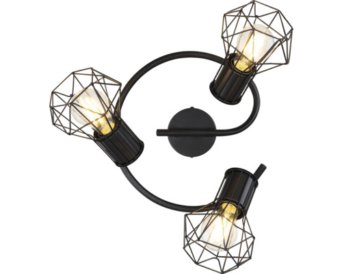 Vägglampa med tre ljuskällor och geometriska lampskärmar