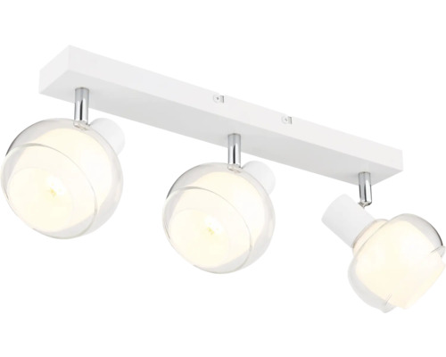 Taklampa med tre spotlights och klara sfäriska lampskärmar