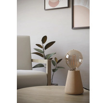 Dekorativ bordslampa i trä med glödlampa på ett bord