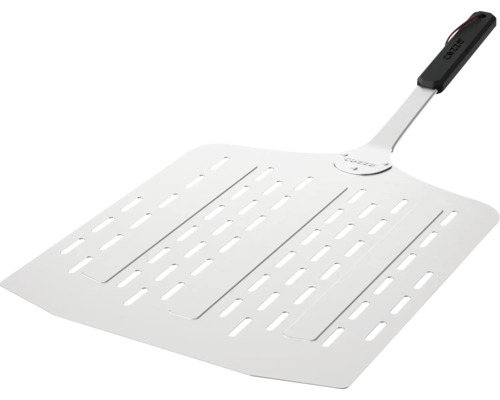 Pizzaspade i rostfritt stål med hål och svart handtag