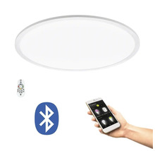 Rund taklampa med fjärrkontroll, smarttelefon och Bluetooth-symbol