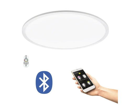 Rund taklampa med fjärrkontroll, smarttelefon och Bluetooth-symbol