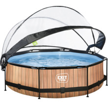 Rund pool med träpanel och transparent lock