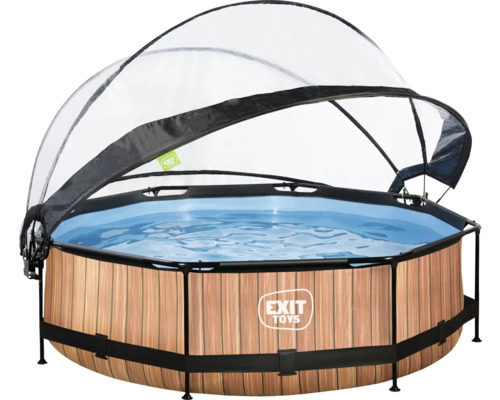 Rund pool med träpanel och transparent lock