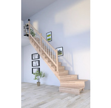 Trätrappa i ett ljust vardagsrum med tavlor på väggen och en växt