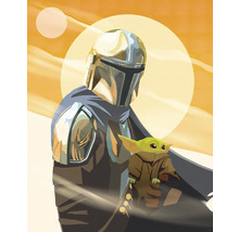 Illustration av Mandalorian med Baby Yoda-figur framför ett ökenlandskap