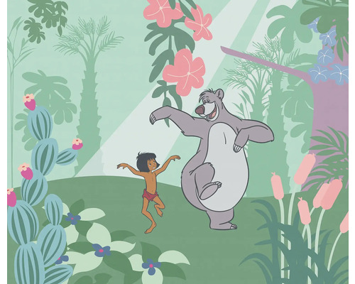 Fototapet KOMAR Jungle book just kidding 250x300cm Djungelboken-scen med Baloo och Mowgli framför tropisk växtvärld
