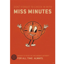 Illustration med texten: Glöm inte att checka in hos Miss Minutes.