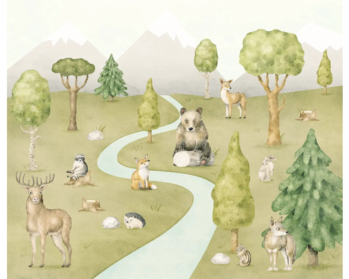Fototapet KOMAR Neighbor-wood meetings 250x300cm Illustration av en skogsscen med olika djur och träd