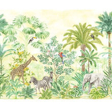 Illustration av en djungelscen med djur som elefanter, zebror och giraffer