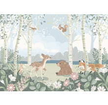 Illustration av en skogsscen med olika djur som rådjur, björn, räv, hare, ekorre och fågel bland björkar