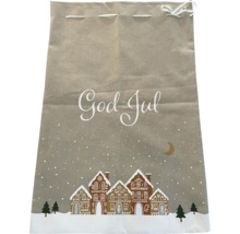 Dekorativ jutesäck med texten God Jul och pepparkakshusmotiv
