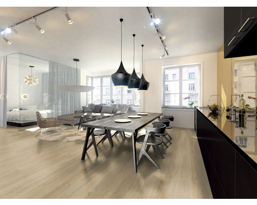 Ljust vardagsrum med matplats, kök, vardagsrum och sovrum.