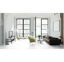 Ljust vardagsrum med soffa, fåtöljer, TV och stora fönster.