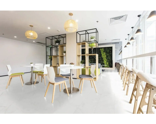 Ljust uppehållsrum med bord, stolar, hyllor och växter