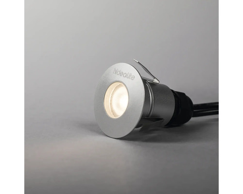 Infälld spotlight i metall med Hidealite-logotyp