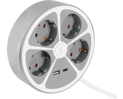 Runt grenuttag med fyra uttag och USB-portar