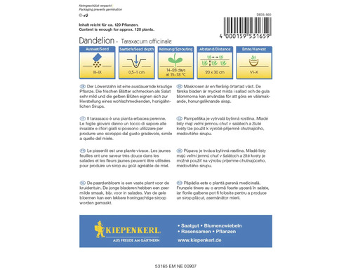 Maskrosfröförpackning med information om sådd, sådjup, groning, avstånd och skörd