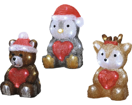 Julfigurer LUMINEO med hjärta akryl kallvit LED 15,2x14,5x23,5cm blandade utföranden Dekorativt julset med björn, pingvin och ren