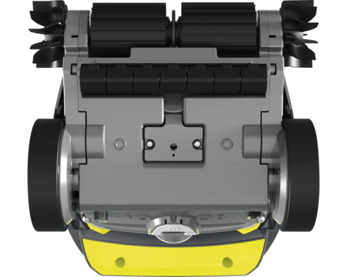 Undersida av en robotdammsugare med borstar och hjul