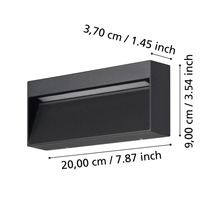 Svart vägglampa som mäter 20 gånger 9 gånger 3,7 centimeter