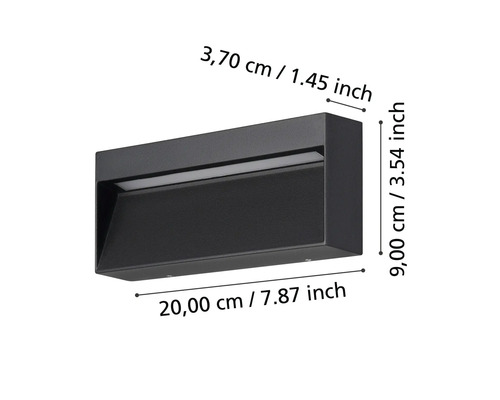 Svart vägglampa som mäter 20 gånger 9 gånger 3,7 centimeter