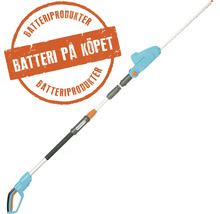 Gardena teleskopisk batteridriven häcksax med utdragbart skaft och svärd samt sigill för batteri på köpet.