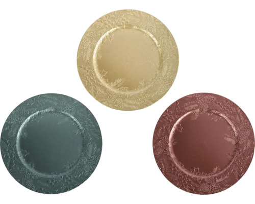 Tre runda tallriksunderlägg med dekor