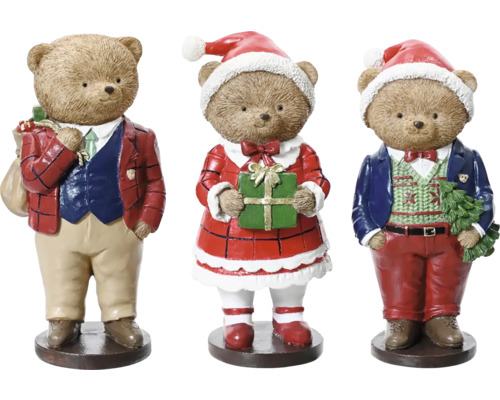 Tre julfigurer i form av björnar med presenter och tomteluvor