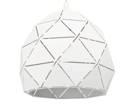 Vit hänglampa med geometriskt mönster.
