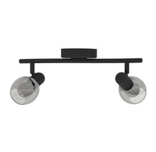 Svart taklampa med två spotlights och runda lampskärmar