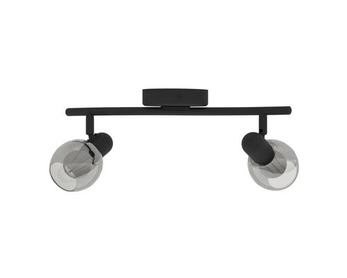 Svart taklampa med två spotlights och runda lampskärmar