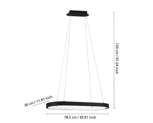 Oval hänglampa med måtten 78,5 cm lång, 30 cm bred och 120 cm hög